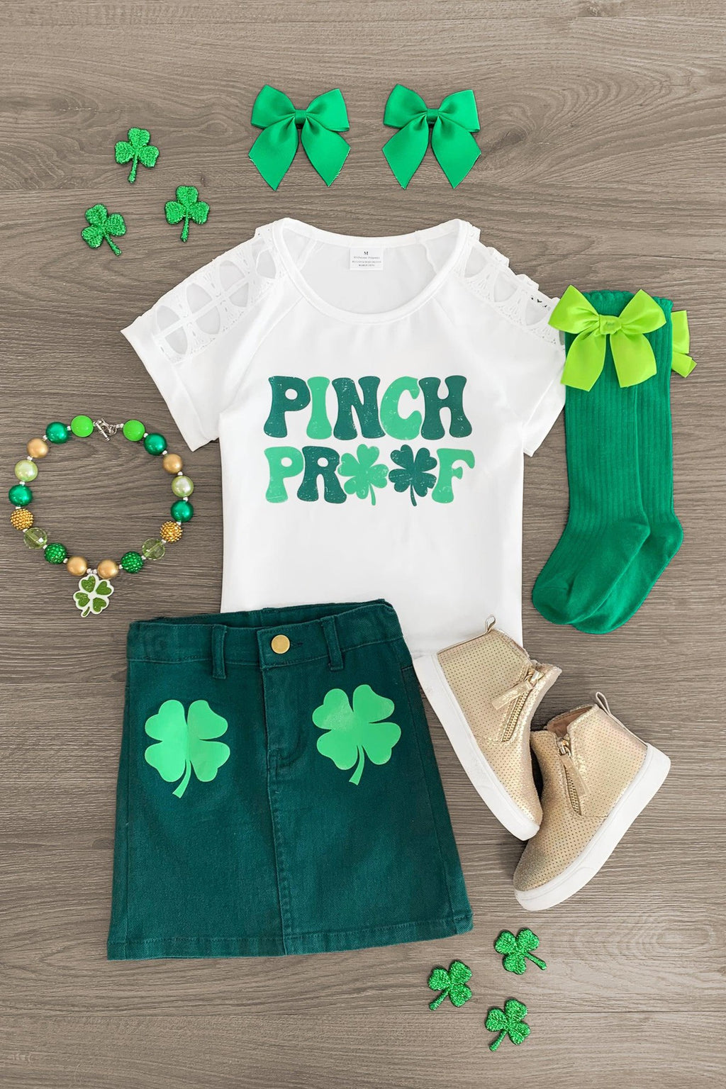 "Pinch Proof" Green Denim Skirt Set - Sparkle in Pink