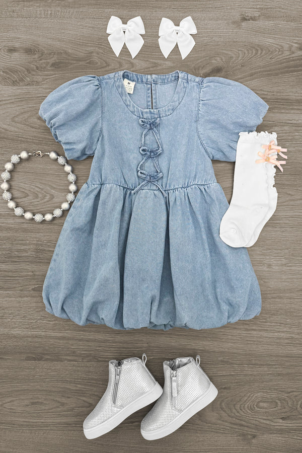Blue Denim Bow Dress | Sparkle in Pink