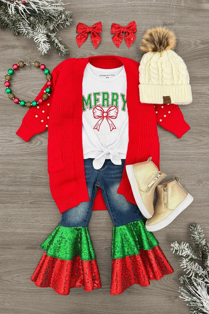 "Merry" Sequin Denim Bell Bottom Set - 3XS-6-12 Months - Toddler outfit with white Merry Christmas shirt, red and green sequin bell-bottom jeans, red cardigan, red bow hair clips,.