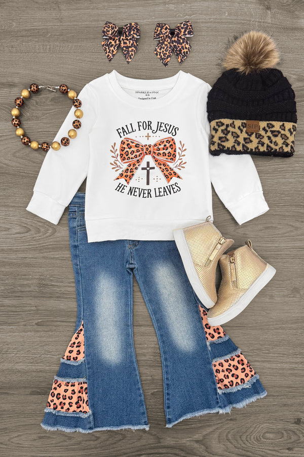 "Fall For Jesus..." Cheetah Denim Flare Set | Sparkle in Pink