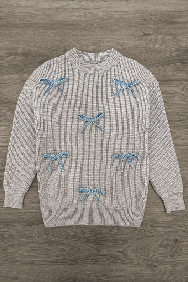 Mom & Me - Gray Bow Knit Sweater & Denim Pant Set