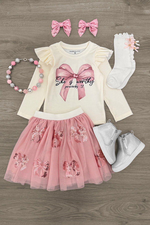 "She Is Worthy" Sequin Bow Tutu Skirt Set | Sparkle in Pink