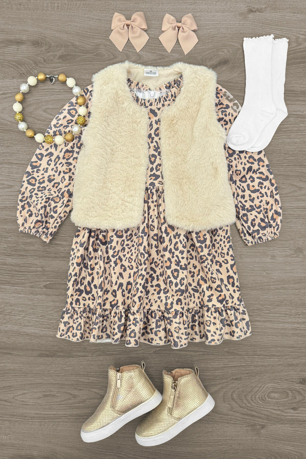 Cheetah Print Suede Dress & Faux Fur Vest Set | Sparkle in Pink