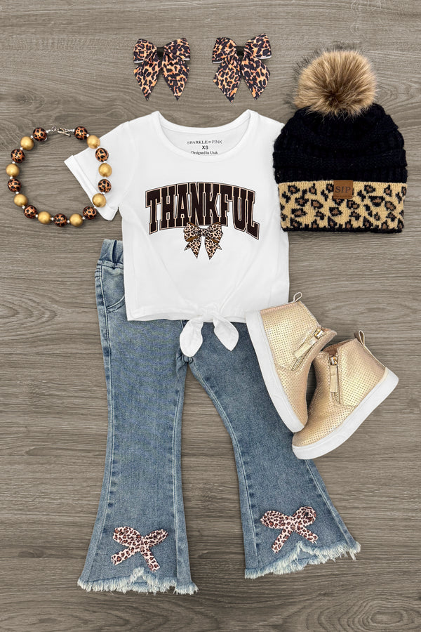 "Thankful" Cheetah Bow Denim Flare Set | Sparkle in Pink