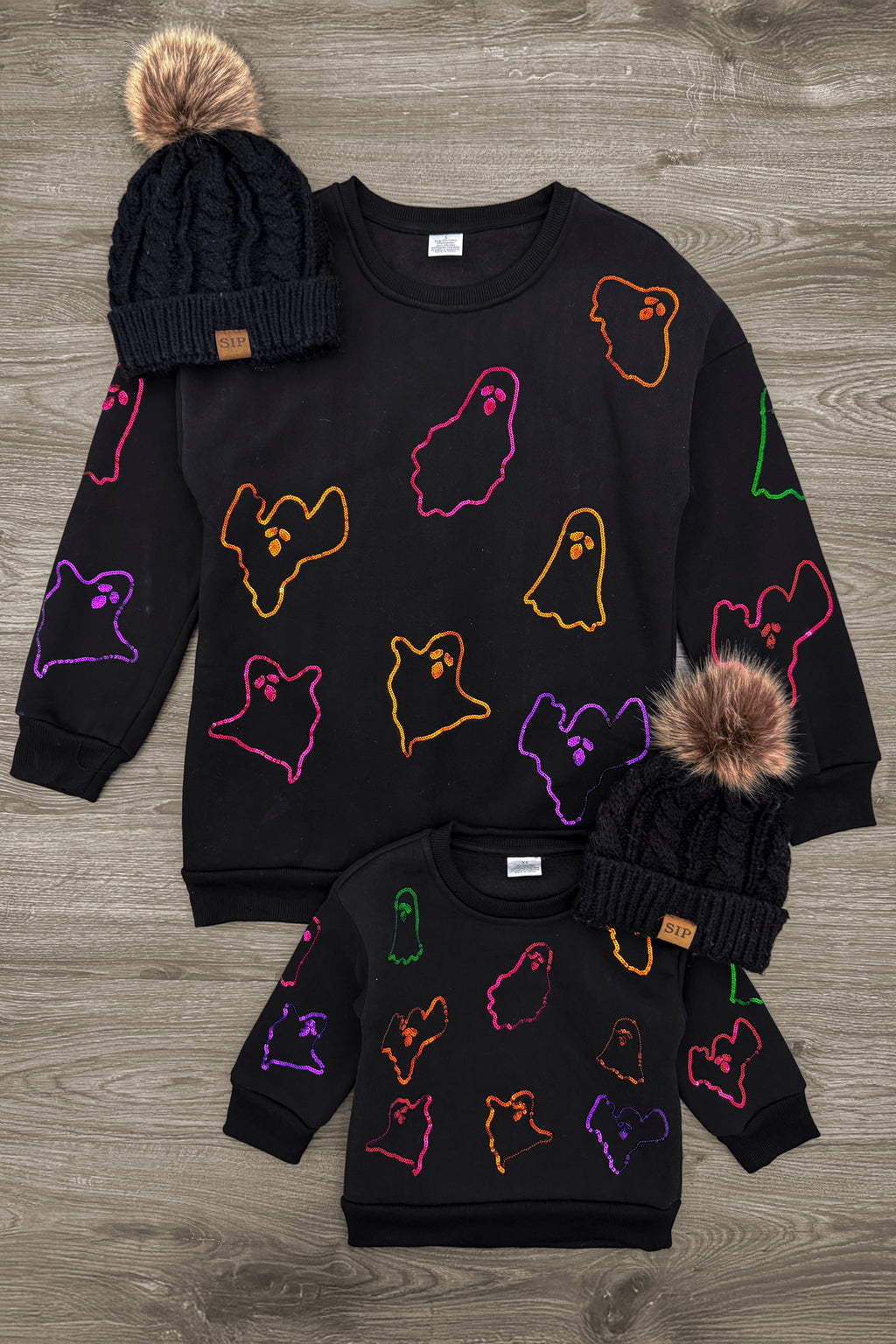 Mom & Me - Black Sequin Ghost Sweatshirt | Sparkle in Pink