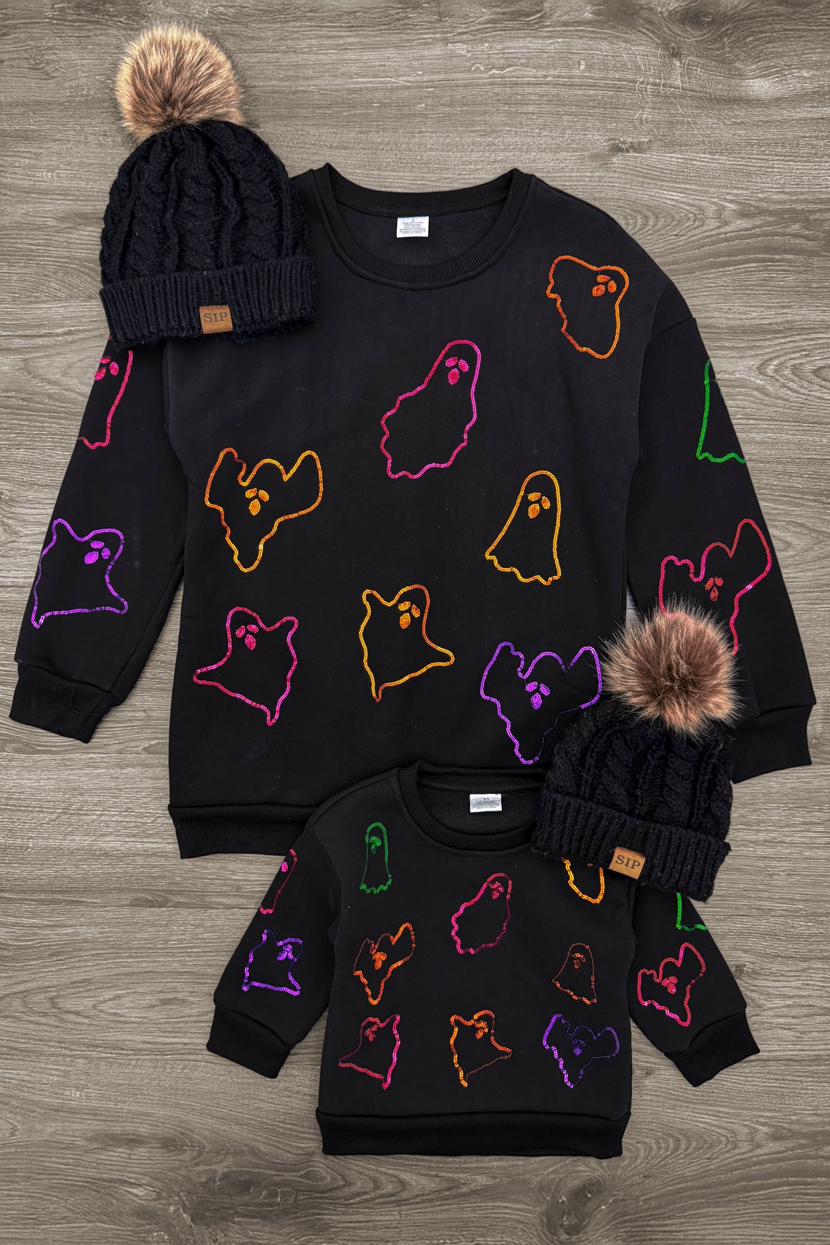 Mom & Me - Black Sequin Ghost Sweatshirt | Sparkle in Pink