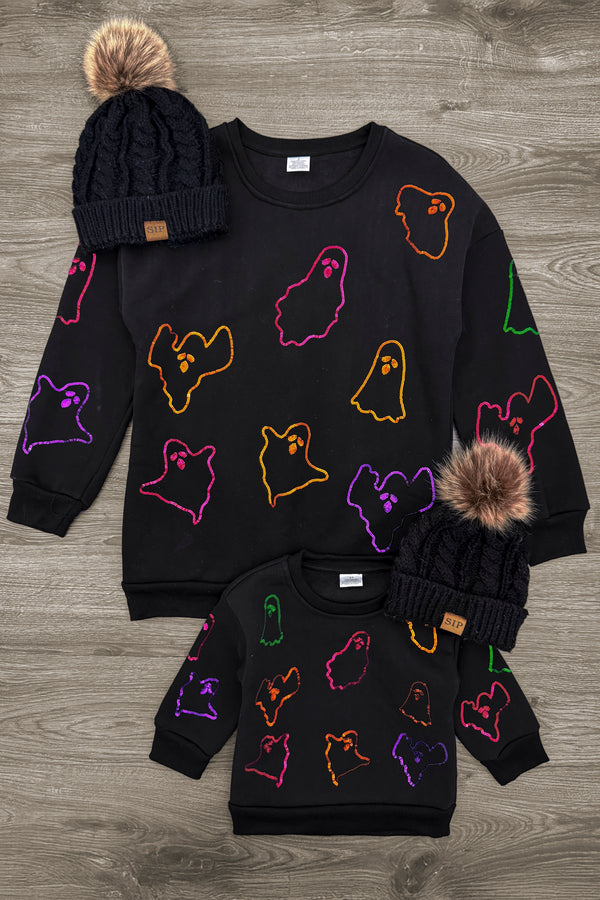 Mom & Me - Black Sequin Ghost Sweatshirt | Sparkle in Pink