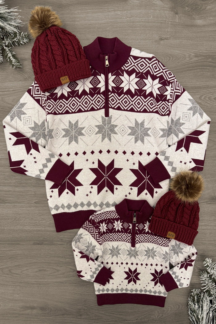 Mom & Me - Gray & Burgundy Nordic Sweater - CHILD-3XS-6-12 Months - Gray and burgundy Nordic sweater with snowflake pattern and matching pom-pom knit hat.