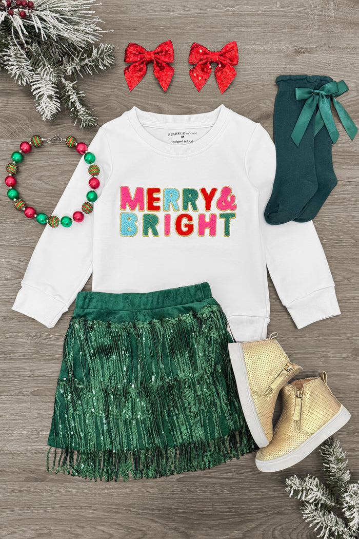 "Merry & Bright" Green Fringe Sequin Skirt Set | Sparkle in Pink