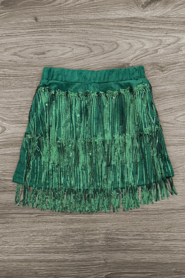 "Merry & Bright" Green Fringe Sequin Skirt Set