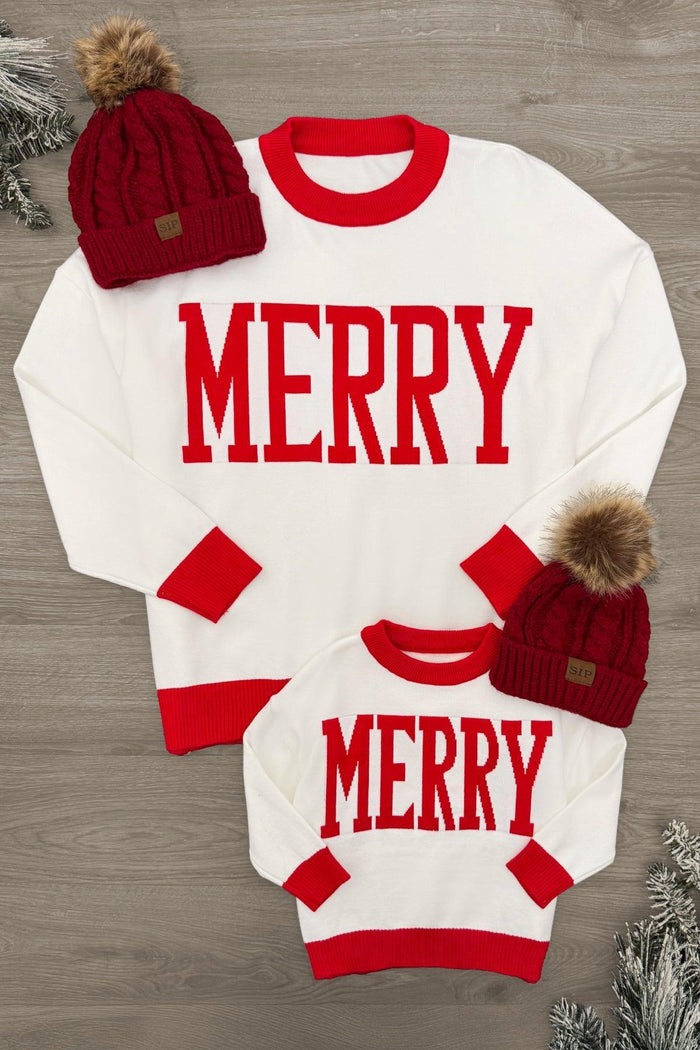 Mom & Me - "Merry" Red & White Sweater - CHILD-3XS-6-12 Months - Red and white "MERRY" sweater with matching red knit hats featuring pom-poms, adult and child sizes.