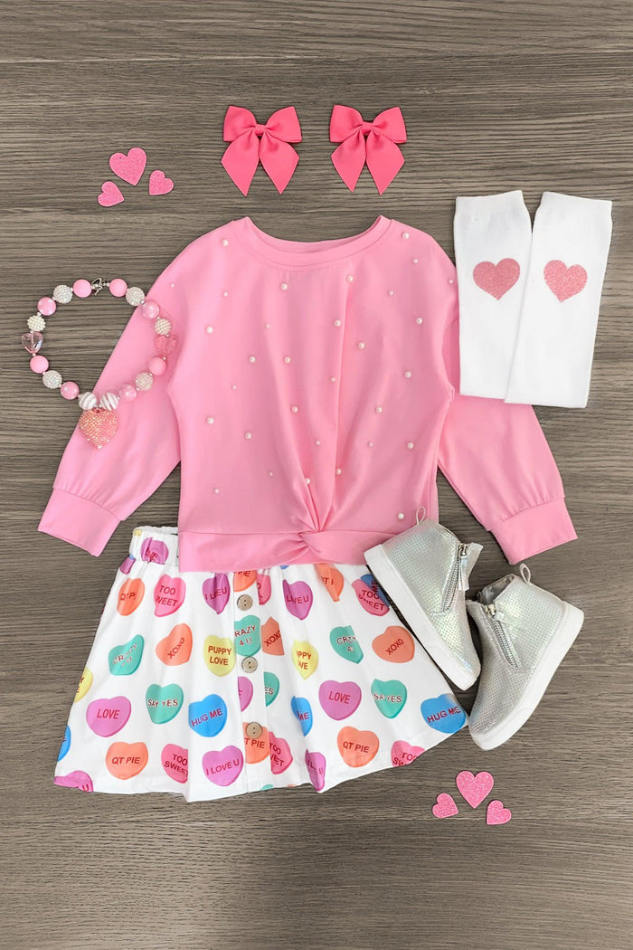 Pink Pearl Candy Hearts Skirt Set - 3XS-6-12 Months - Pink long-sleeve top with small pearl accents, rainbow candy hearts skirt, white leggings with pink hearts, silver boots,.