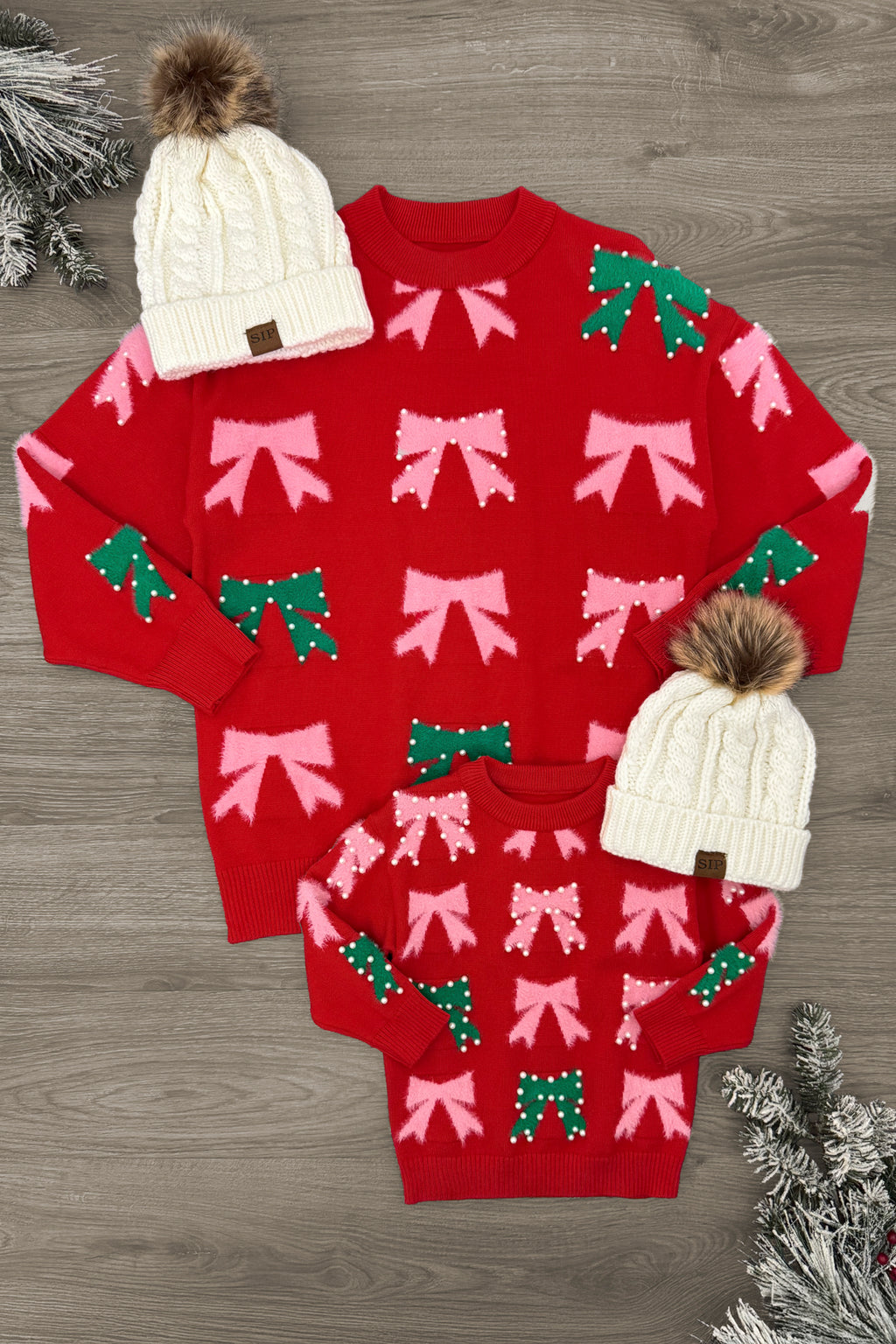 Mom & Me - Pink & Green Pearl Bow Sweater