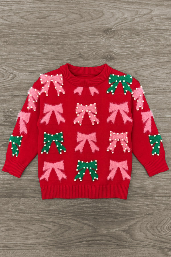 Mom & Me - Pink & Green Pearl Bow Sweater