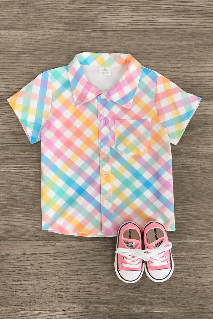 Pastel Plaid Button Down - 3XS-6-12 Months - Pastel plaid button-down shirt with short sleeves and a classic collar, paired with pink and white toddler sneakers.