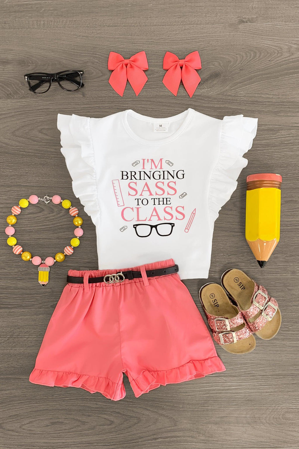 "I'm Bringing Sass To The Class" Pink Ruffle Short Set - Sparkle in Pink