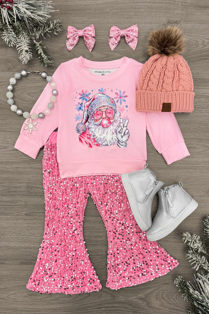 Pink Disco Santa Sequin Flare Set - 3XS-6-12 Months - Toddler pink sequin flare pants with matching Pink Disco Santa long-sleeve top and pink knit hat with pompom.