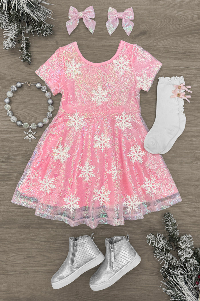 Pink Sequin Snowflake Dress - 3XS-6-12 Months - Pink short-sleeve dress with white sequin snowflakes, layered tulle skirt, matching pink bow clips, white socks with bows,.