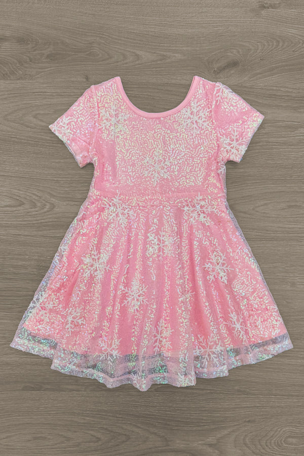 pink snowflake dress Snowflake Sequin Mesh Layer Dress -Pink