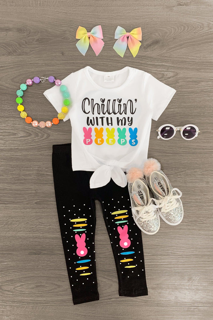 "Chillin' With My Peeps" Legging Set - 3XS-6-12 Months - White short-sleeve tee with "Chillin' With My Peeps" and colorful bunny graphics, black leggings with pink bunny and rainbow .