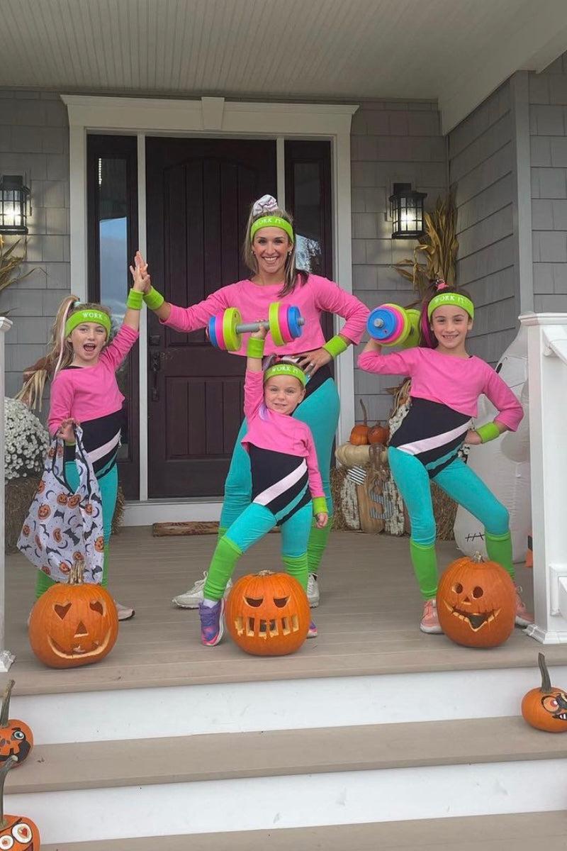 Mom & Me - '80s Workout Costume - COMPLETE SET! - CHILD-2XS-12-18 Months - Matching '80s workout costumes in pink tops and teal leggings with black and yellow accents, neon leg warmers, headbands,.