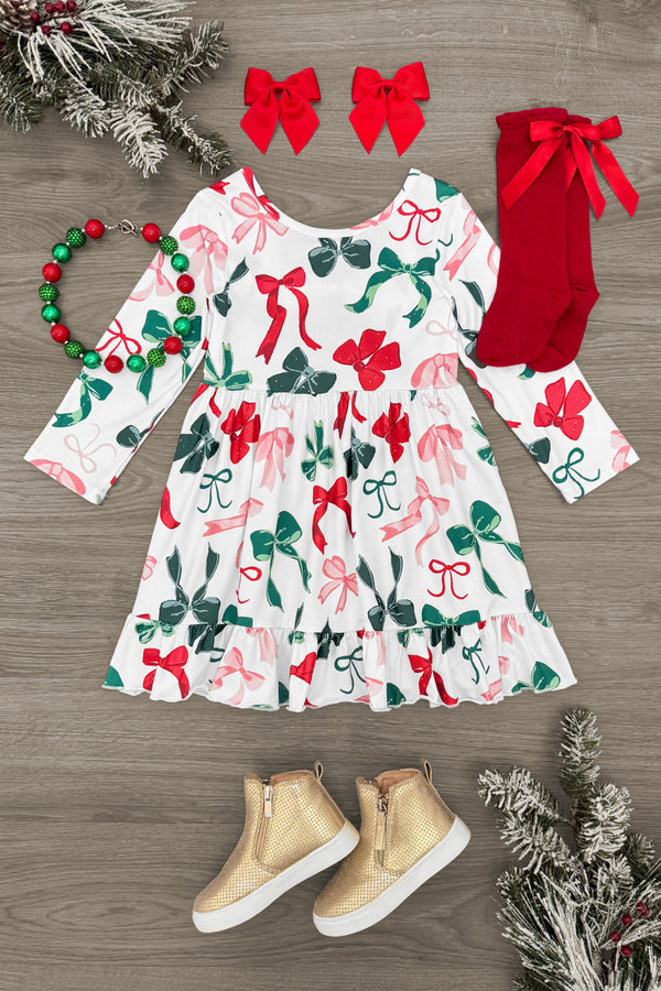Long Sleeve Christmas Bows Dress