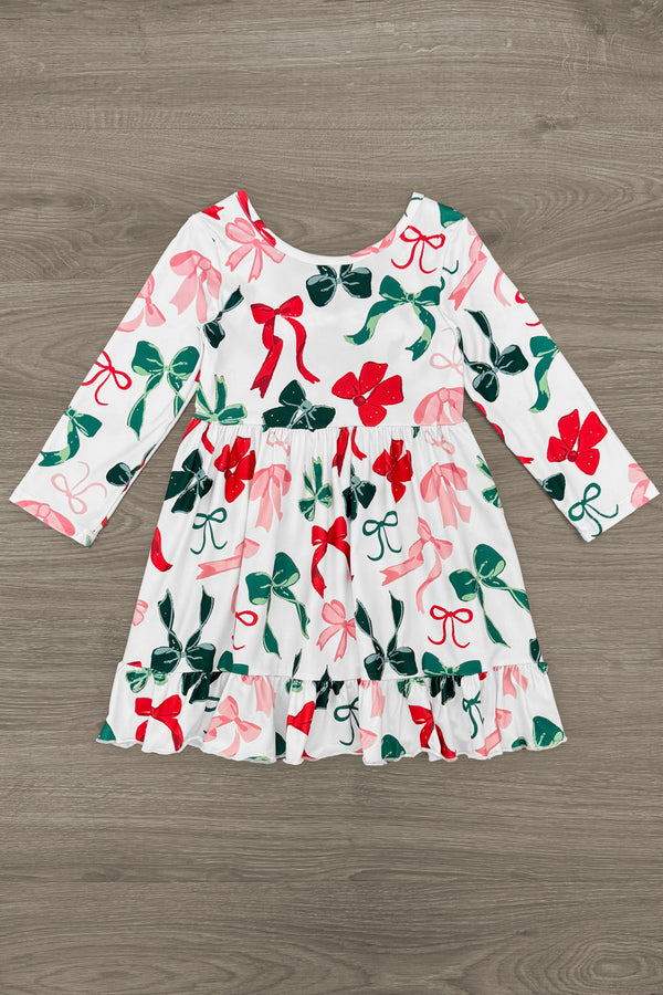 Long Sleeve Christmas Bows Dress