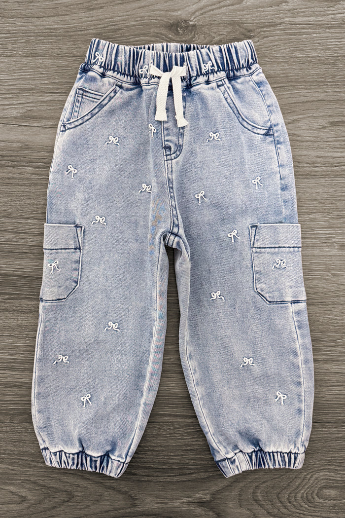 Bow Denim Cargo Pants - 3XS-6-12 Months - Light blue denim cargo pants for kids with elastic cuffs and white drawstring waistband.
