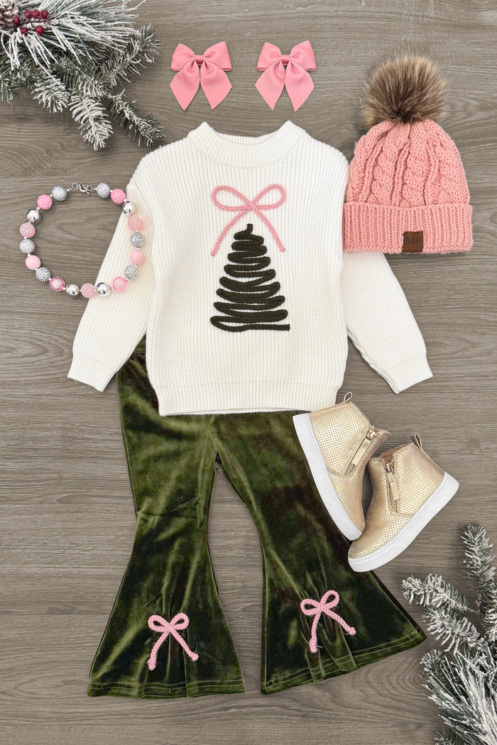 Christmas Tree Knit Sweater Flare Pant Set - 3XS-6-12 Months - Cream knit sweater with green Christmas tree design, paired with green velvet flare pants with pink bows and a pink pom-pom.