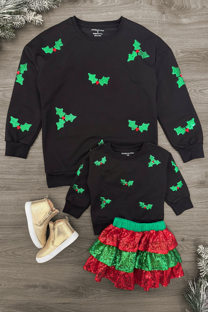 Mom & Me - Sequin Holly Top & Skirt Set - CHILD-3XS-6-12 Months - Black sweatshirt with green and red holly sequin appliques and matching child-sized black sweatshirt with red and green.