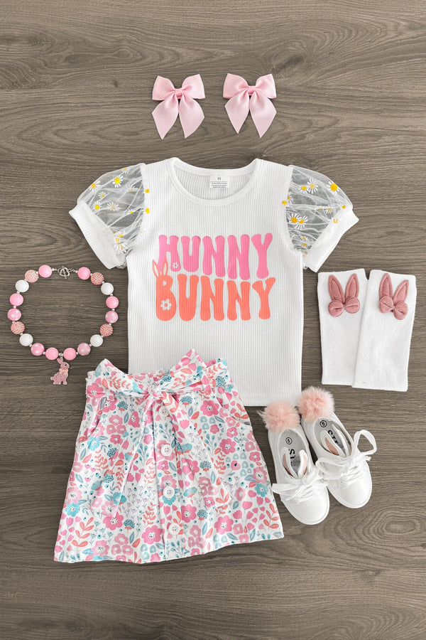 "Hunny Bunny" White Floral Skirt Set - Sparkle in Pink