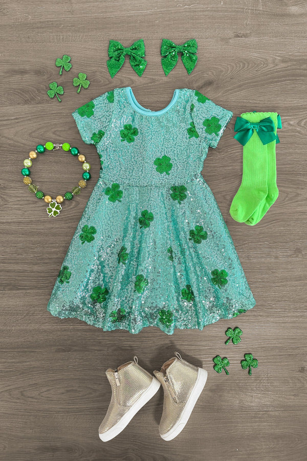 Green Sequin Shamrock Dress | Girls' St. Patrick's Day Clothing Sparkle In Pink Green Sequin Shamrock Dress | Girls' St. Patrick's Day Clothing Sparkle In Pink
