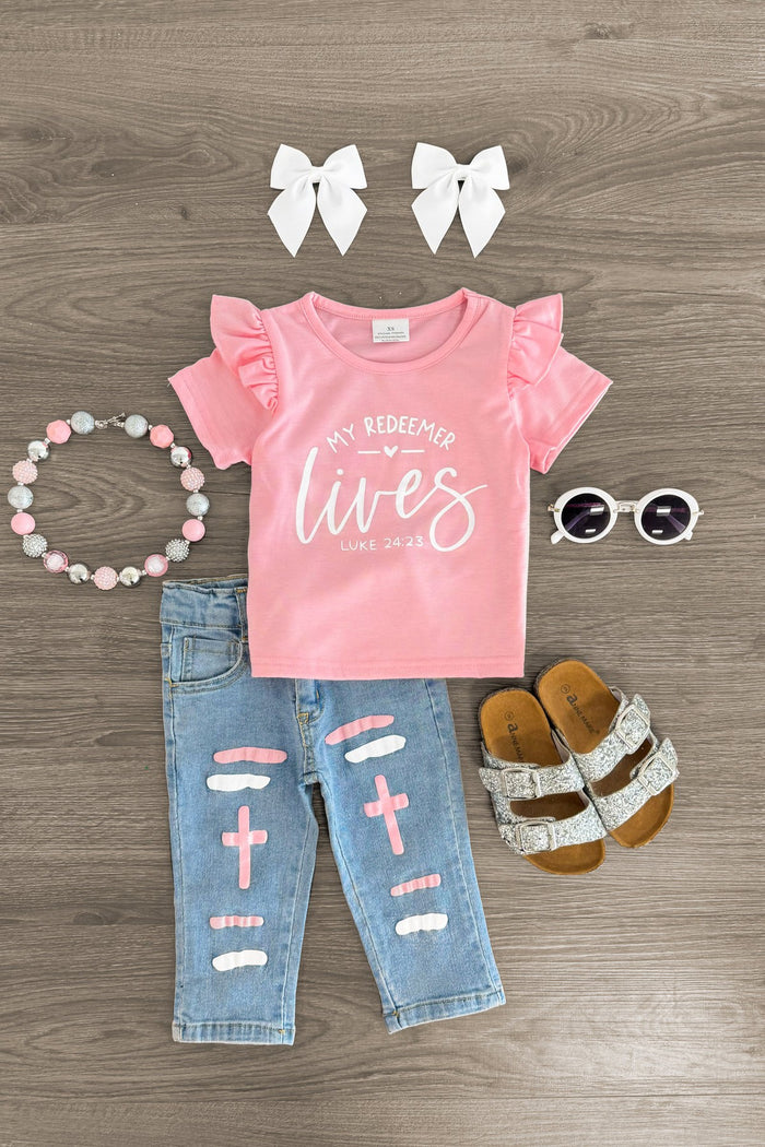 "My Redeemer Lives" Pink Denim Pant Set - 3XS-6-12 Months - Pink short-sleeve shirt with "My Redeemer Lives" text and ruffle sleeves, distressed light blue denim jeans with cross.