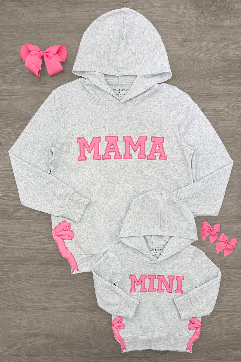 Mom & Me - "Mama & Mini" Gray & Pink Bow Hoodie | Sparkle in Pink