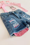 Bubblegum Bunny Distressed Denim Short Set - Sparkle in Pink