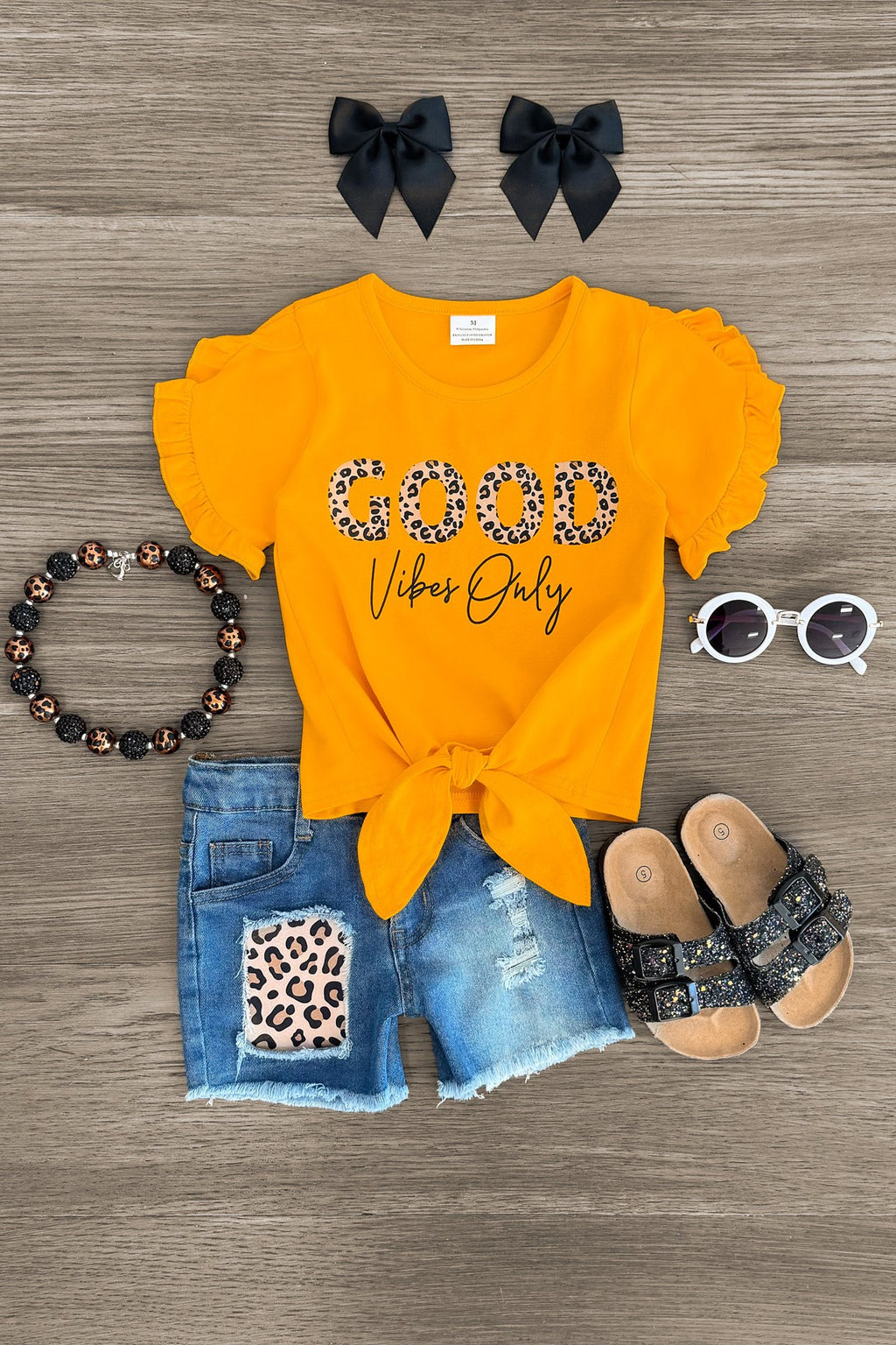 "Good Vibes Only" Distressed Denim Short Set - Sparkle in Pink