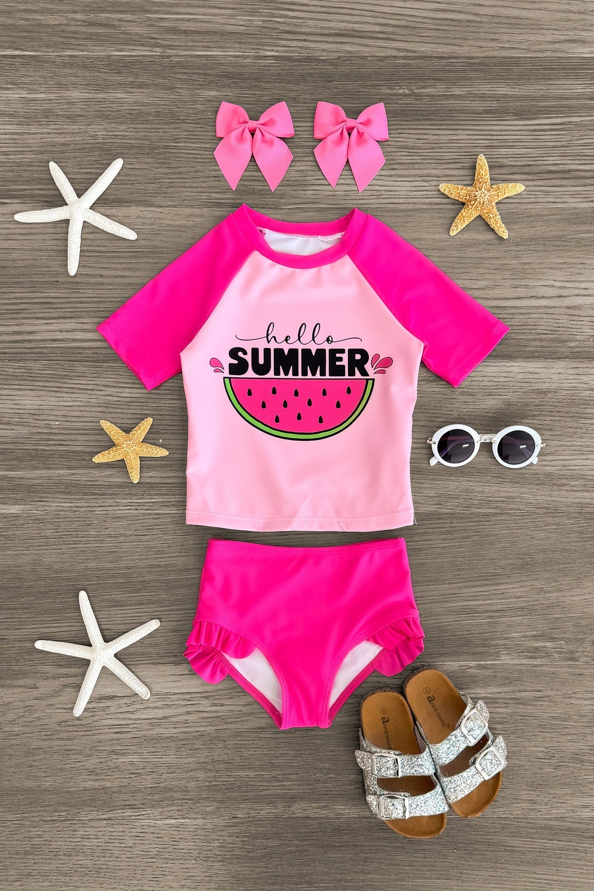 "Hello Summer" Pink Rash Guard Swimsuit - Sparkle in Pink