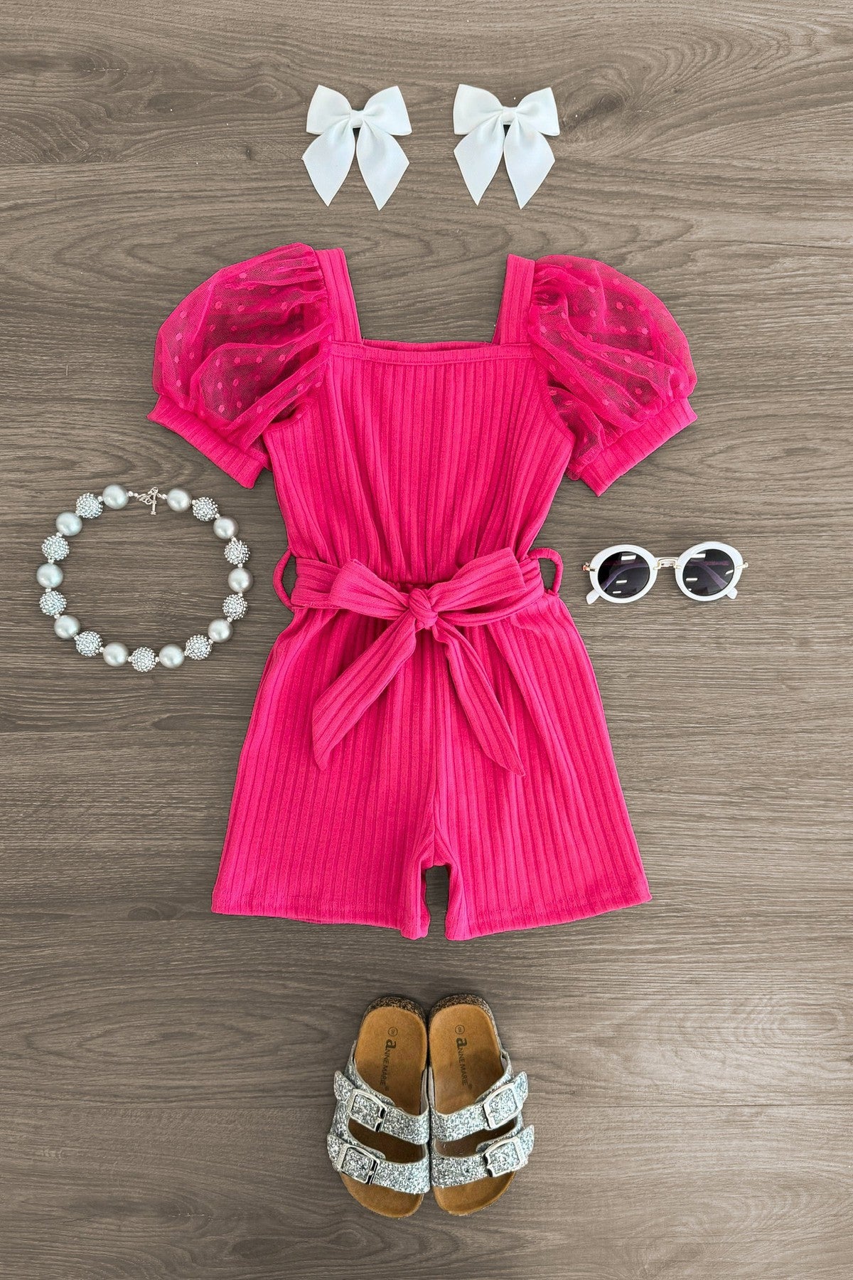 Polka Dot Tulle Puff Sleeve Romper - Sparkle in Pink