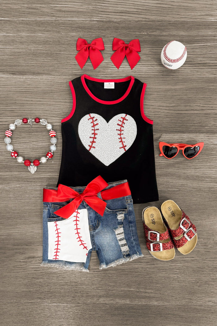 Sequin Baseball Heart Denim Short Set - 3XS-6-12 Months - Black tank top with sequin baseball heart paired with denim shorts featuring a baseball patch and red bow, styled with red.