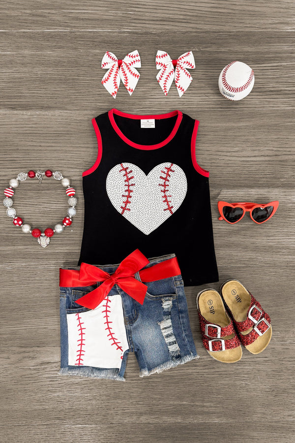 Sequin Baseball Heart Denim Short Set - Sparkle in Pink