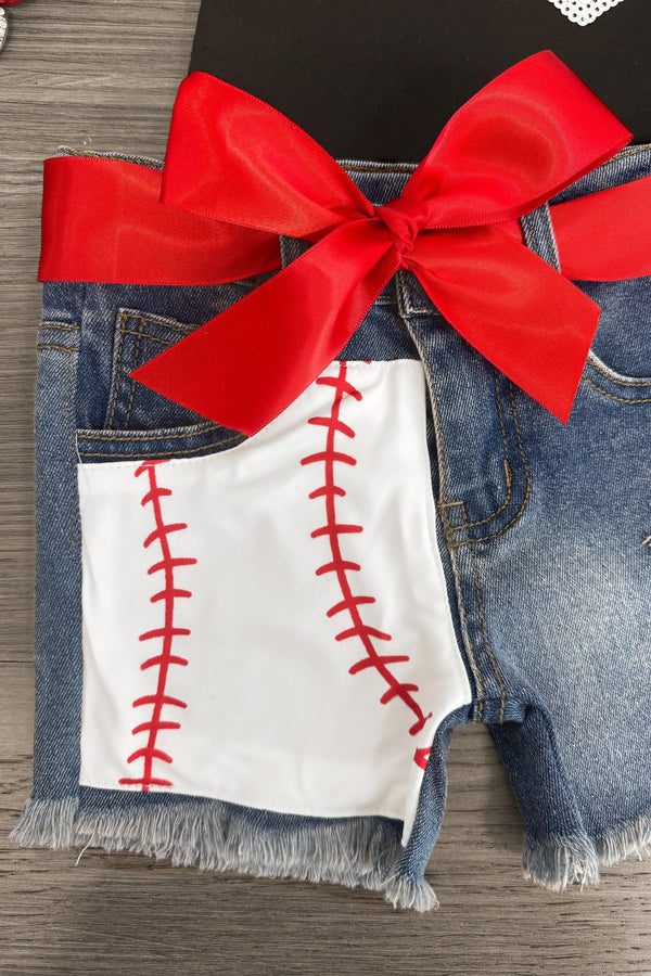 Sequin Baseball Heart Denim Short Set - Sparkle in Pink