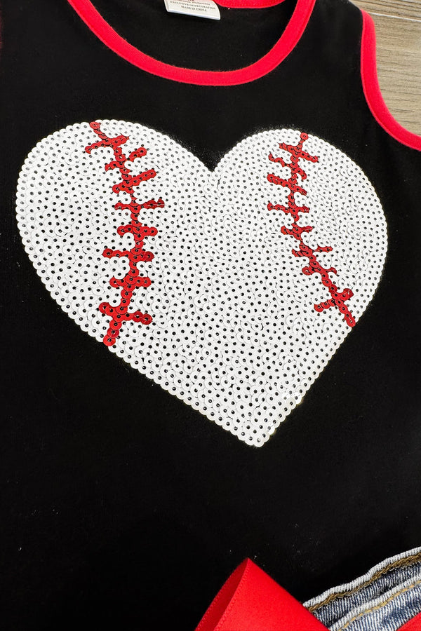 Sequin Baseball Heart Denim Short Set - Sparkle in Pink