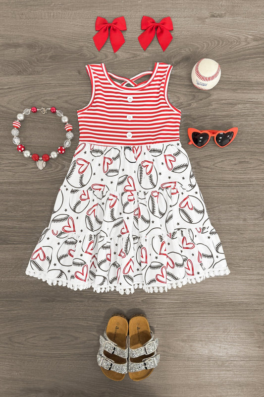 Striped Baseball Heart Dress - Sparkle in Pink