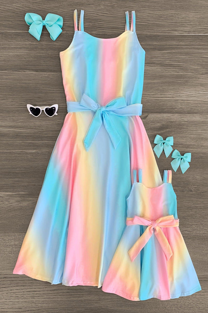 Mom & Me - Ombre Pastel Tank Dress - BABY-Newborn - Mom and child ombre pastel tank dresses with matching blue bows and white sunglasses on wood background.