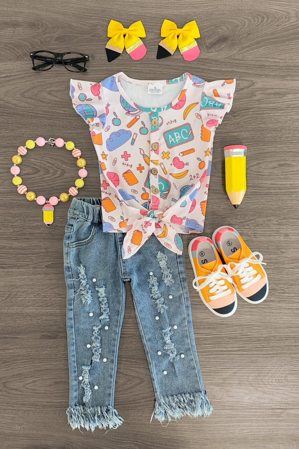 Pastel School Pearl Denim Pant Set - Sparkle in Pink