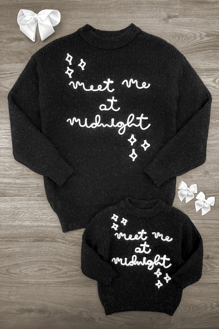 Mom & Me - "Meet Me At Midnight" Knit Sweater - CHILD-3XS-6-12 Months - Black knit sweaters with white "meet me at midnight" script and star accents, adult and child sizes.