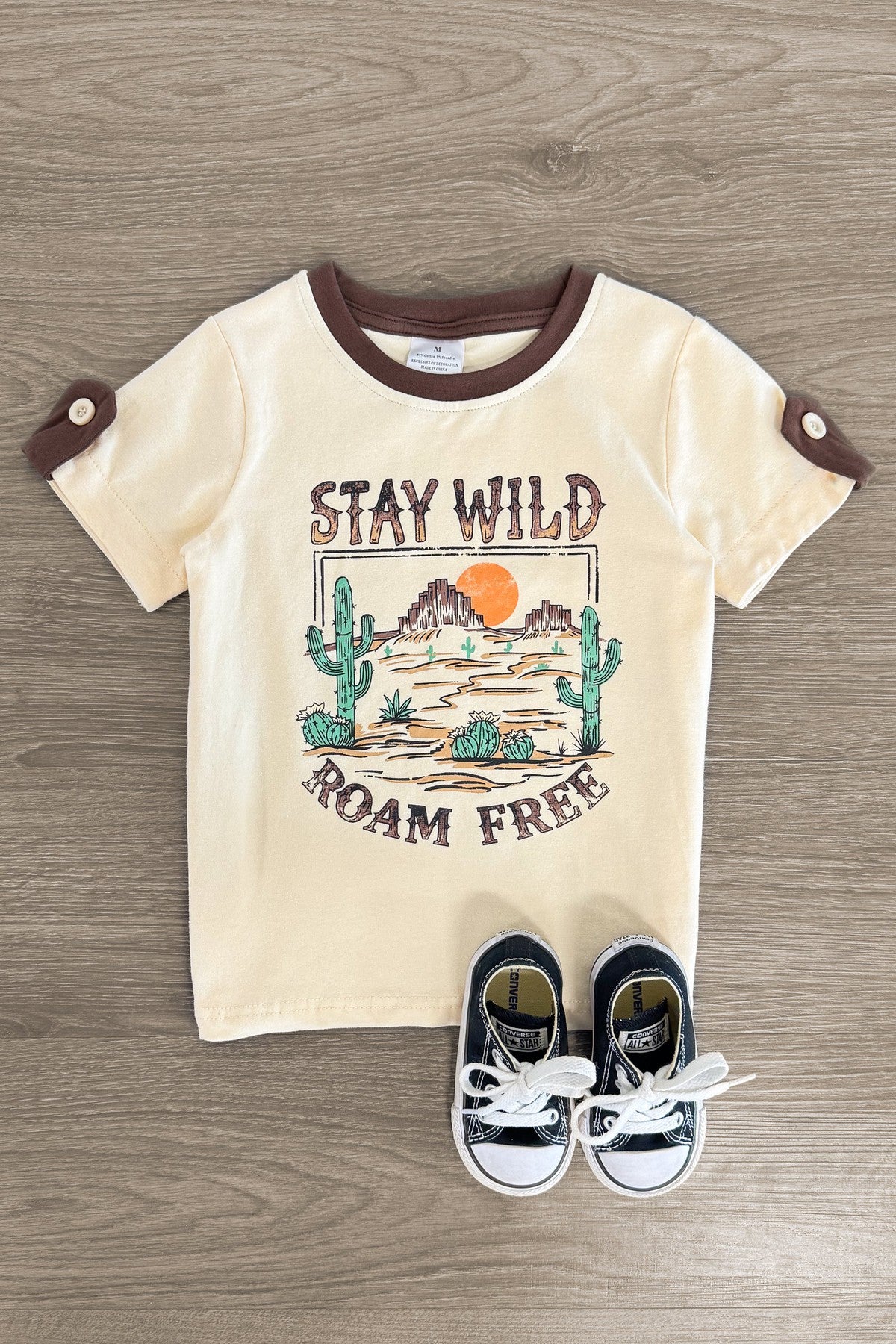 "Stay Wild Roam Free" Tan T-Shirt - Sparkle in Pink