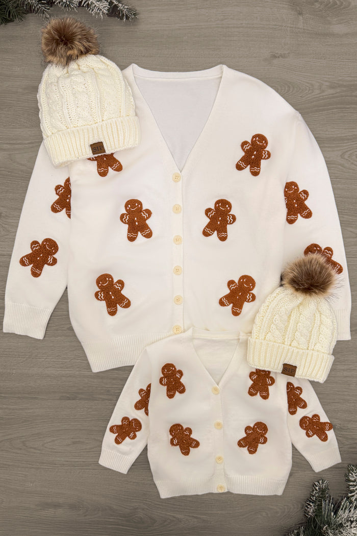 Mom & Me - Gingerbread Sweater Cardigan - CHILD-3XS-6-12 Months - Cream cardigan sweater with gingerbread man appliqués, paired with matching knit hats with pom-poms.