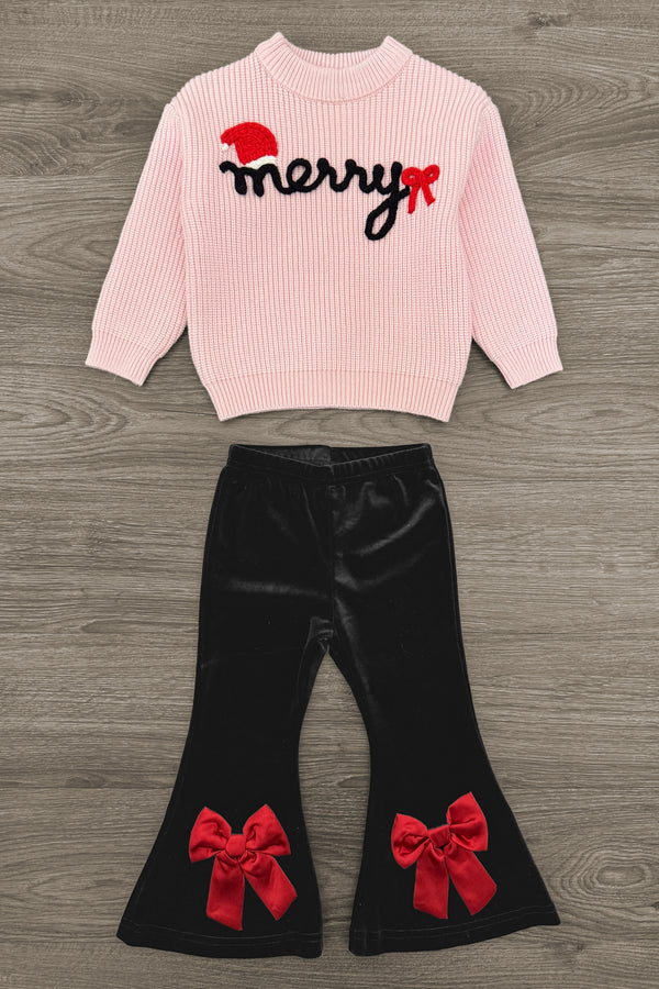 "Merry" Knit Sweater Velvet Flare Pant Set | Sparkle in Pink