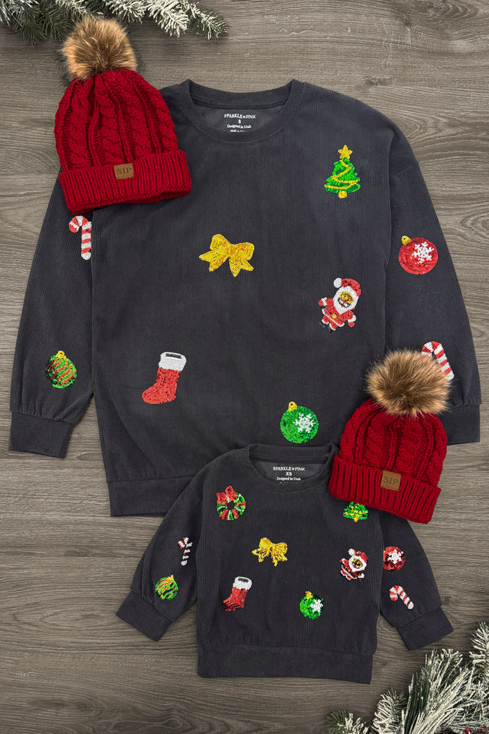 Mom & Me - Corduroy Sequin Christmas Top - CHILD-3XS-6-12 Months - Matching dark gray corduroy Christmas tops with colorful holiday sequin patches and red knit hats with pom-poms.